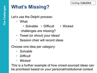 What’s Missing?
Let’s use the Delphi process:
• What:
 Solvable  Difficult  Wicked
challenges are missing?
• Tweet (or shout) your ideas!
• Session chair will record ideas
22
Choose one idea per category:
• Solvable
• Difficult
• Wicked
This is a further example of how crowd-sourced ideas can
be prioritised based on your personal/institutional context
TheChallenges
hashtag: # jibs15fut
 