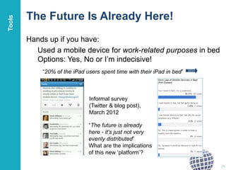 The Future Is Already Here!
Hands up if you have:
Used a mobile device for work-related purposes in bed
Options: Yes, No or I’m indecisive!
26
“20% of the iPad users spent time with their iPad in bed” 2010
Informal survey
(Twitter & blog post),
March 2012
“The future is already
here - it's just not very
evenly distributed”
What are the implications
of this new ‘platform’?
Tools
 
