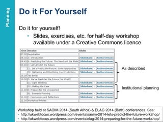 Do it For Yourself
Do it for yourself!
• Slides, exercises, etc. for half-day workshop
available under a Creative Commons licence
30
Workshop held at SAOIM 2014 (South Africa) & ELAG 2014 (Bath) conferences. See:
• http://ukwebfocus.wordpress.com/events/saoim-2014-lets-predict-the-future-workshop/
• http://ukwebfocus.wordpress.com/events/elag-2014-preparing-for-the-future-workshop/
As described
Institutional planning
Planning
 