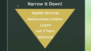 z
Narrow it Down!
Health Services
Malnourished children
Luzon
Last 5 Years
Historical
 