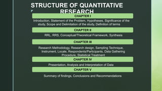 z
STRUCTURE OF QUANTITATIVE
RESEARCH
CHAPTER I
CHAPTER II
CHAPTER III
CHAPTER IV
CHAPTER V
Introduction, Statement of the Problem, Hypotheses, Significance of the
study, Scope and Delimitation of the study, Definition of terms
RRL, RRS, Conceptual/Theoretical Framework, Synthesis
Research Methodology, Research design, Sampling Technique,
Instrument, Locale, Respondents/Participants, Data Gathering
Procedure, Statistical Treatment
Presentation, Analysis and Interpretation of Data
Summary of findings, Conclusions and Recommendations
 