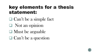 ❑ Can’t be a simple fact
❑ Not an opinion
❑ Must be arguable
❑ Can’t be a question
 