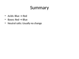 Summary
• Acids: Blue → Red
• Bases: Red → Blue
• Neutral salts: Usually no change
 