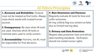 1. Accuracy and Reliability: Outputs
must not be treated as ﬁnal truths. Always
cross-check results with trusted human
sources.
2.Transparency: Be clear when AI tools
are used. Disclose which AI tools or
methods were used to verify content.
3. Accountability: Humans, not AI, must
be responsible for ﬁnal decisions.
AI Ethics Principles
4. Bias Awareness and Fairness:
Regularly evaluate AI tools for bias and
unfair outcomes.
AI may unfairly ﬂag true content as false
due to limited training data.
5. Privacy and Data Protection:
Respect data protection laws and ethical
data handling standards. Veriﬁcation
should not violate human rights.
 