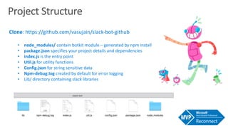 Project Structure
Clone: https://github.com/vasujain/slack-bot-github
• node_modules/ contain botkit module – generated by npm install
• package.json specifies your project details and dependencies
• index.js is the entry point
• Util.js for utility functions
• Config.json for string sensitive data
• Npm-debug.log created by default for error logging
• Lib/ directory containing slack libraries
 