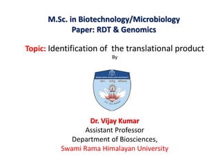 M.Sc. in Biotechnology/Microbiology
Paper: RDT & Genomics
Topic: Identification of the translational product
By
Dr. Vijay Kumar
Assistant Professor
Department of Biosciences,
Swami Rama Himalayan University
 