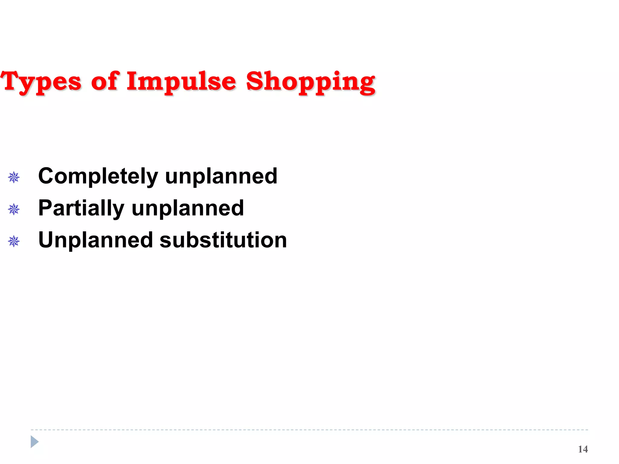 Types of Impulse Shopping
 Completely unplanned
 Partially unplanned
 Unplanned substitution
14
 