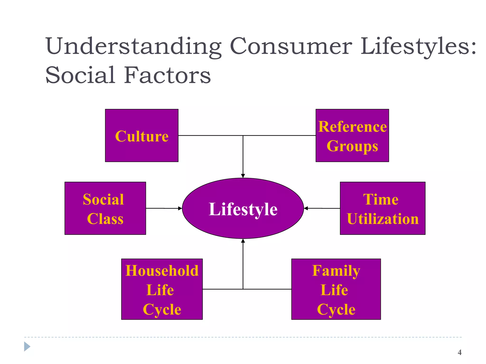 Understanding Consumer Lifestyles:
Social Factors
Lifestyle
Culture
Reference
Groups
Social
Class
Family
Life
Cycle
Time
Utilization
Household
Life
Cycle
4
 