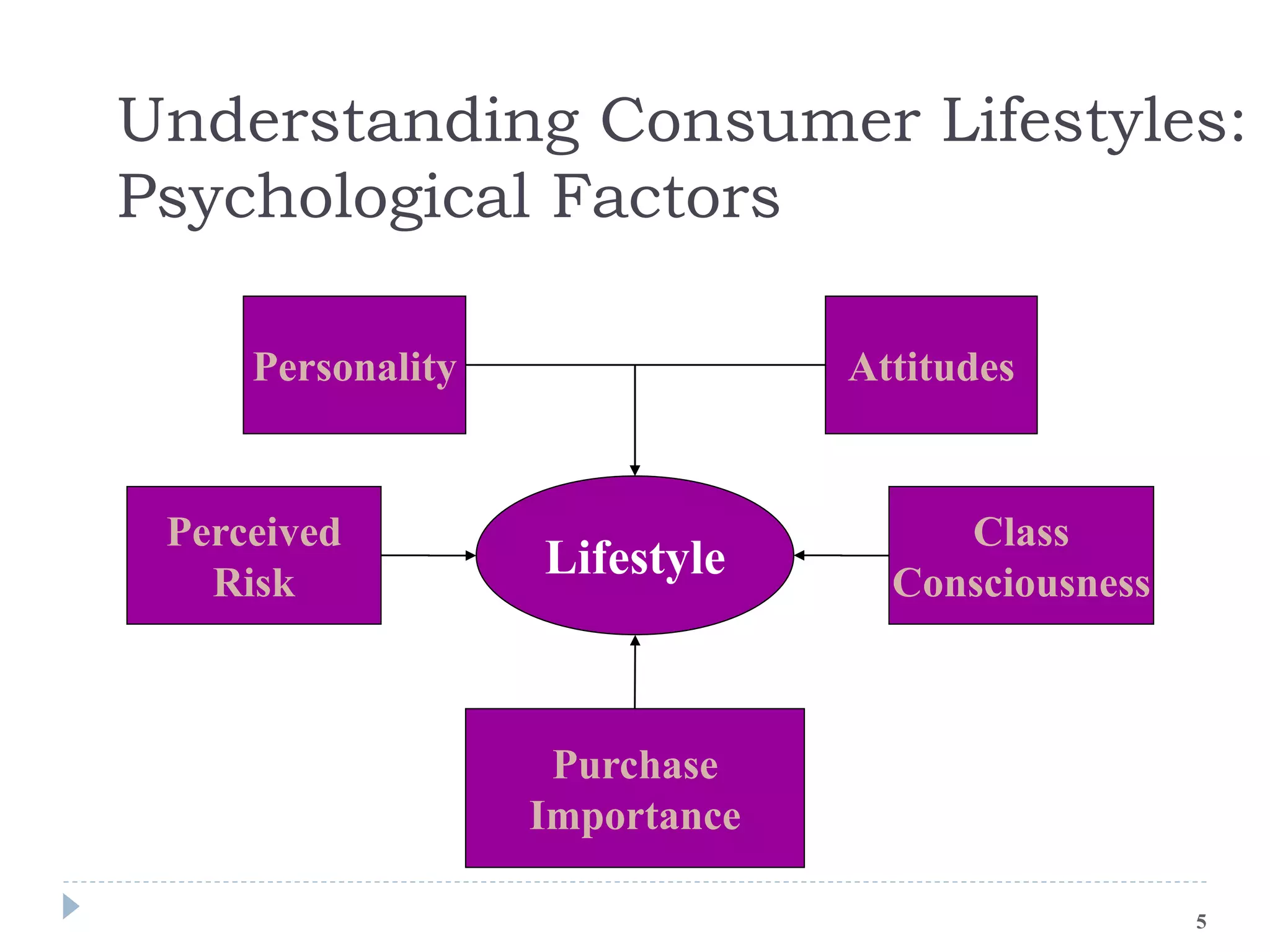Understanding Consumer Lifestyles:
Psychological Factors
Lifestyle
Personality Attitudes
Perceived
Risk
Purchase
Importance
Class
Consciousness
5
 