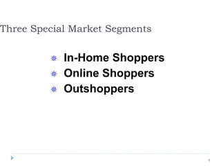 Three Special Market Segments
 In-Home Shoppers
 Online Shoppers
 Outshoppers
7
 