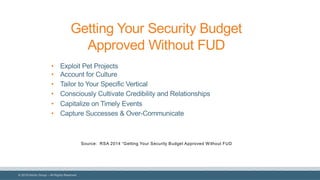 © 2018 Denim Group – All Rights Reserved
Getting Your Security Budget
Approved Without FUD
• Exploit Pet Projects
• Account for Culture
• Tailor to Your Specific Vertical
• Consciously Cultivate Credibility and Relationships
• Capitalize on Timely Events
• Capture Successes & Over-Communicate
Source: RSA 2014 “Getting Your Security Budget Approved Without FUD
 