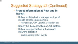 © 2018 Denim Group – All Rights Reserved
30
• Protect Information at Rest and in
Transit
• Rollout mobile device management for all
mobile devices implementing:
• Remote wipe, OTA Updates, Containers etc.
• Deploy full disk encryption on ALL laptops
• Rollout next-generation anti-virus and
malware detection
• Enable alerting for key events
Suggested Strategy #2 (Continued)
 