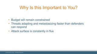 © 2018 Denim Group – All Rights Reserved
Why Is this Important to You?
• Budget will remain constrained
• Threats adapting and metastasizing faster than defenders
can respond
• Attack surface is constantly in flux
 