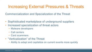 © 2018 Denim Group – All Rights Reserved
Increasing External Pressures & Threats
Commercialization and Specialization of the Threat
• Sophisticated marketplace of underground suppliers
• Increased specialization of threat actors
• Malware developers
• Call centers
• Card scammers
• “Verticalization” of the Threat
• Ability to adapt and capitalize on current events more quickly
8
 