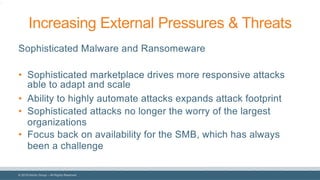 © 2018 Denim Group – All Rights Reserved
Increasing External Pressures & Threats
Sophisticated Malware and Ransomeware
• Sophisticated marketplace drives more responsive attacks
able to adapt and scale
• Ability to highly automate attacks expands attack footprint
• Sophisticated attacks no longer the worry of the largest
organizations
• Focus back on availability for the SMB, which has always
been a challenge
9
 