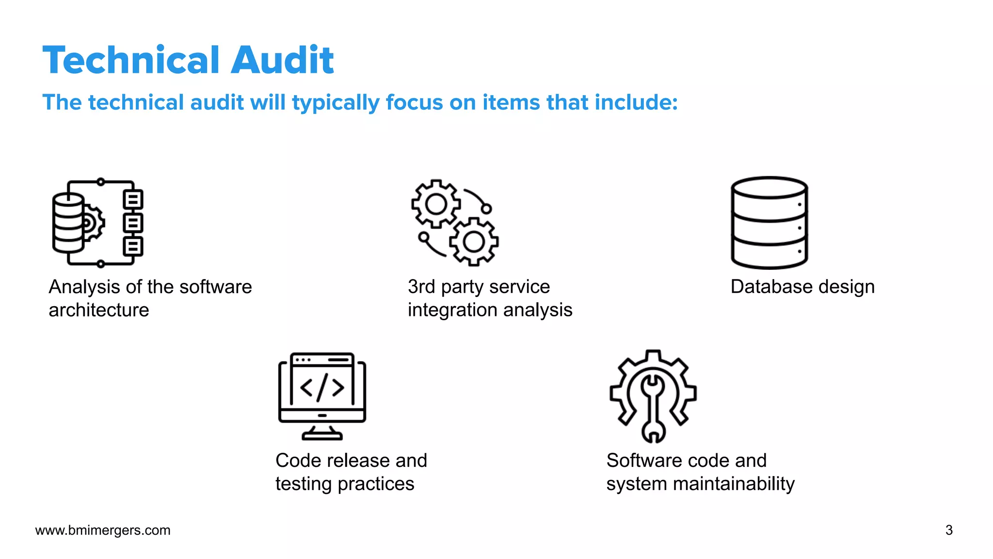 Technical Audit
The technical audit will typically focus on items that include:
www.bmimergers.com 3
Analysis of the software
architecture
3rd party service
integration analysis
Database design
Code release and
testing practices
Software code and
system maintainability
 