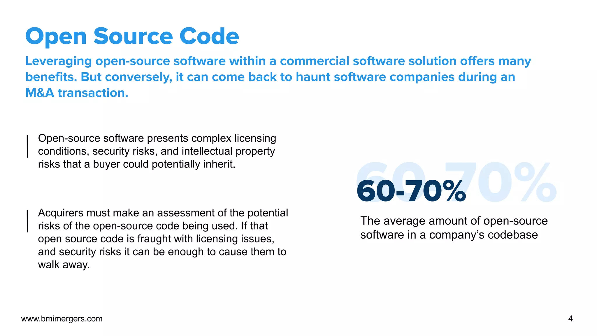 Open Source Code
Leveraging open-source software within a commercial software solution oﬀers many
beneﬁts. But conversely, it can come back to haunt software companies during an
M&A transaction.
60-70%
60-70%
The average amount of open-source
software in a company’s codebase
www.bmimergers.com 4
Open-source software presents complex licensing
conditions, security risks, and intellectual property
risks that a buyer could potentially inherit.
Acquirers must make an assessment of the potential
risks of the open-source code being used. If that
open source code is fraught with licensing issues,
and security risks it can be enough to cause them to
walk away.
 