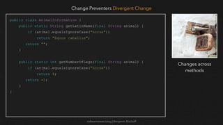 softwaretester.blog | Benjamin Bischoff
public class AnimalInformation {
public static String getLatinName(final String animal) {
if (animal.equalsIgnoreCase("horse"))
return "Equus caballus";
return "";
}
public static int getNumberOfLegs(final String animal) {
if (animal.equalsIgnoreCase("horse"))
return 4;
return -1;
}
}
Change Preventers Divergent Change
Changes across
methods
 
