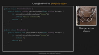 softwaretester.blog | Benjamin Bischoff
public class Classification {
public static String getLatinName(final String animal) {
if (animal.equalsIgnoreCase("horse"))
return "Equus caballus";
return "";
}
}
public class BodyParts {
public static int getNumberOfLegs(final String animal) {
if (animal.equalsIgnoreCase("horse"))
return 4;
return -1;
}
}
Change Preventers Shotgun Surgery
Changes across
classes
 