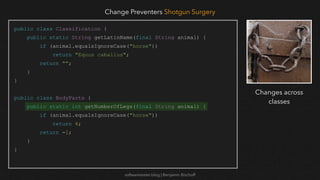 softwaretester.blog | Benjamin Bischoff
public class Classification {
public static String getLatinName(final String animal) {
if (animal.equalsIgnoreCase("horse"))
return "Equus caballus";
return "";
}
}
public class BodyParts {
public static int getNumberOfLegs(final String animal) {
if (animal.equalsIgnoreCase("horse"))
return 4;
return -1;
}
}
Change Preventers Shotgun Surgery
Changes across
classes
 