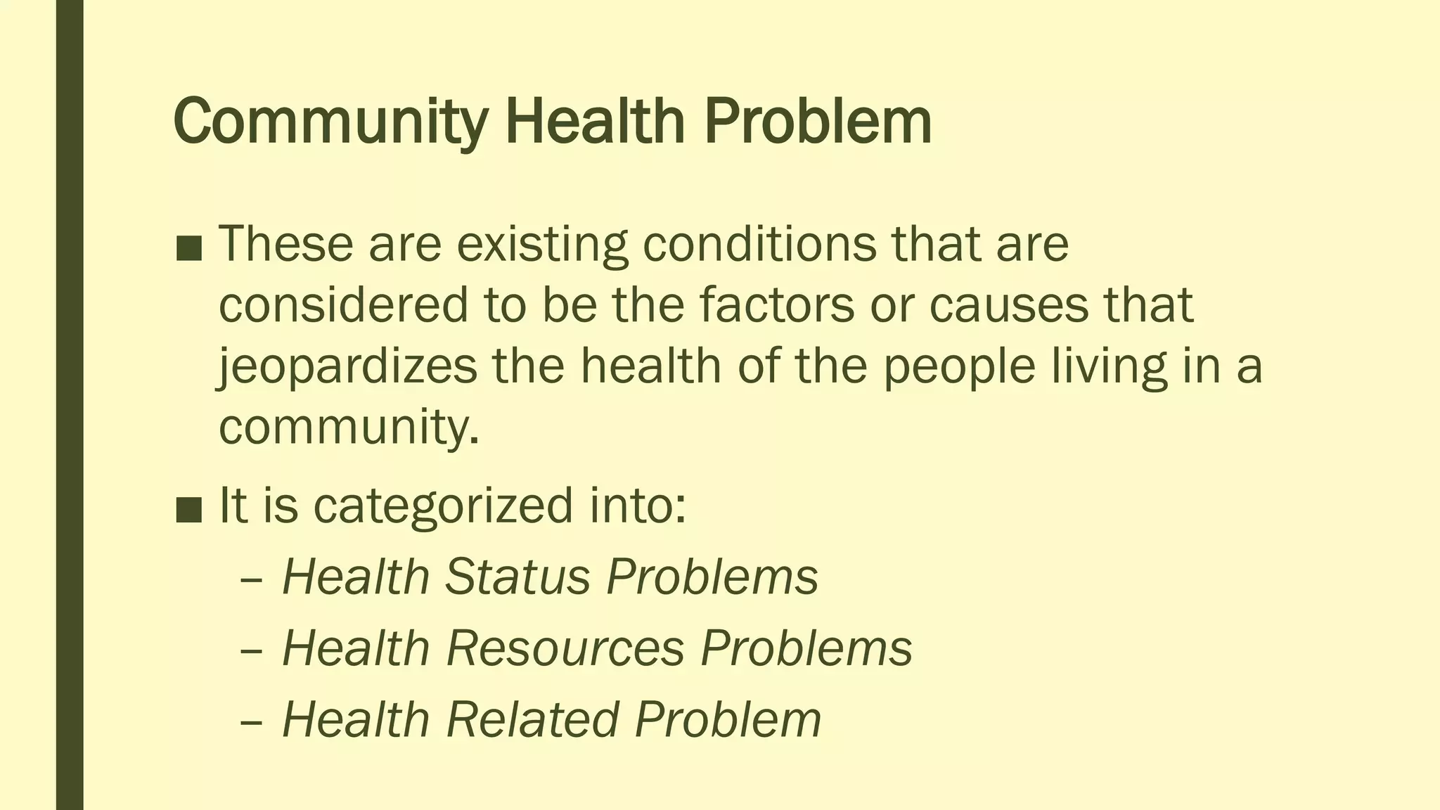 Community Health Problem
■ These are existing conditions that are
considered to be the factors or causes that
jeopardizes the health of the people living in a
community.
■ It is categorized into:
– Health Status Problems
– Health Resources Problems
– Health Related Problem
 