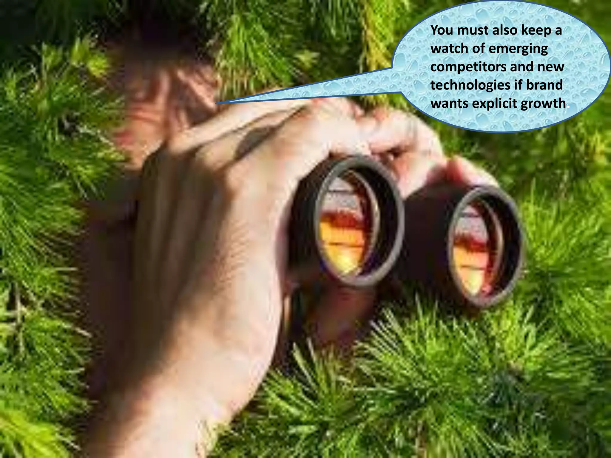 You must also keep a
watch of emerging
competitors and new
technologies if brand
wants explicit growth.