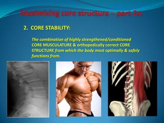 2. CORE STABILITY:
   The combination of highly strengthened/conditioned
   CORE MUSCULATURE & orthopedically correct CORE
   STRUCTURE from which the body most optimally & safely
   functions from.
 