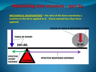 Maximizing core structure – part 2a.
 MECHANICAL DISADVANTAGE – the ratio of the force exerted by a
 machine to the force applied to it. (Force exerted less than force
 applied).

                                     CENTER OF MASS & RESISTANCE FORCE


     FORCE OF EFFORT


        250 LBS.                                              50 LBS.



EFFECTIVE
EFFORT                       EFFECTIVE RESISTANCE DISTANCE
             FULCRUM
DISTANCE
 