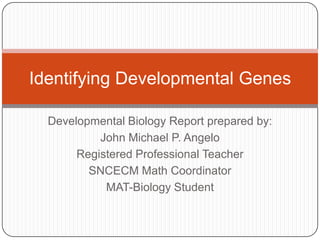 Developmental Biology Report prepared by:
John Michael P. Angelo
Registered Professional Teacher
SNCECM Math Coordinator
MAT-Biology Student
Identifying Developmental Genes
 