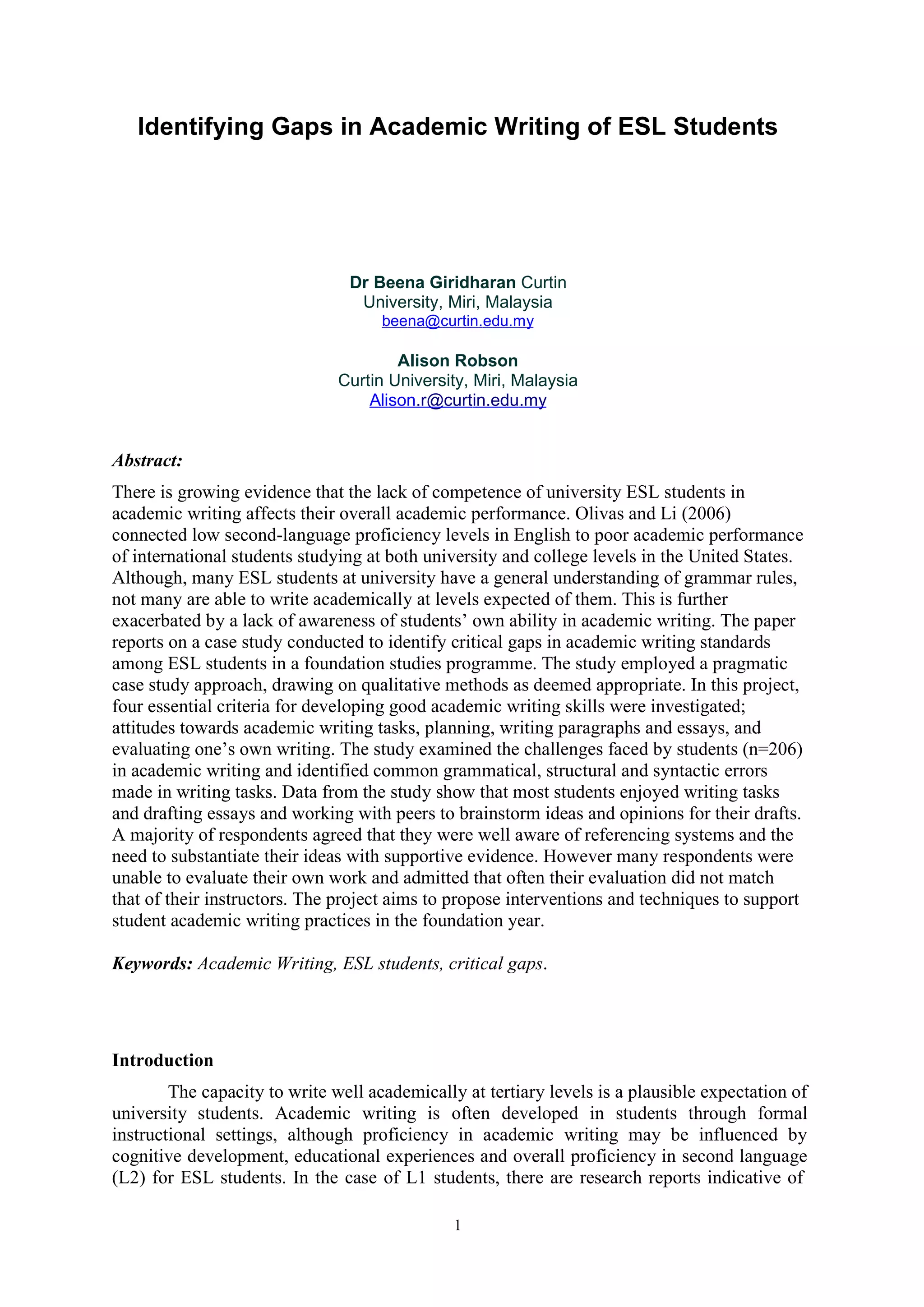 Identifying gaps in academic writing of esl students | DOC