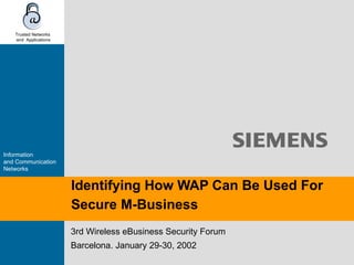 Identifying How WAP Can Be Used For Secure M-Business 3rd Wireless eBusiness Security Forum Barcelona. January 29-30, 2002 