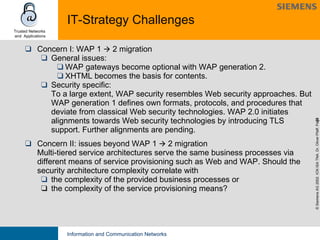 IT-Strategy Challenges Concern I: WAP 1    2 migration General issues: WAP gateways become optional with WAP generation 2. XHTML becomes the basis for contents. Security specific: To a large extent, WAP security resembles Web security approaches. But WAP generation 1 defines own formats, protocols, and procedures that deviate from classical Web security technologies. WAP 2.0 initiates alignments towards Web security technologies by introducing TLS support. Further alignments are pending. Concern II: issues beyond WAP 1    2 migration Multi-tiered service architectures  serve the same business processes via different means of service provisioning such as Web and WAP.  Should the security architecture complexity correlate with  the complexity of the provided business processes or  the complexity of the service provisioning means? 