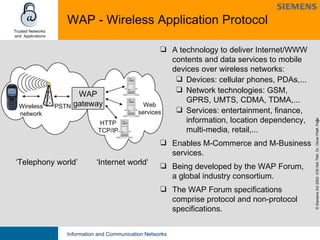 WAP - Wireless Application Protocol A technology to deliver Internet/WWW contents and data services to mobile devices over wireless networks: Devices: cellular phones, PDAs,... Network technologies: GSM, GPRS, UMTS, CDMA, TDMA,... Services: entertainment, finance, information, location dependency, multi-media, retail,... Enables M-Commerce and M-Business services. Being developed by the WAP Forum, a global industry consortium. The WAP Forum specifications comprise protocol and non-protocol specifications. ‘ Internet world‘ Wireless network ‘ Telephony world’ PSTN WAP gateway HTTP TCP/IP Web services 