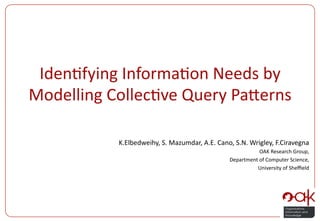 Iden%fying	
  Informa%on	
  Needs	
  by	
  
Modelling	
  Collec%ve	
  Query	
  Pa:erns	
  

               K.Elbedweihy,	
  S.	
  Mazumdar,	
  A.E.	
  Cano,	
  S.N.	
  Wrigley,	
  F.Ciravegna	
  
                                                                               OAK	
  Research	
  Group,	
  	
  
                                                                 Department	
  of	
  Computer	
  Science,	
  	
  
                                                                           University	
  of	
  Sheﬃeld	
  
 