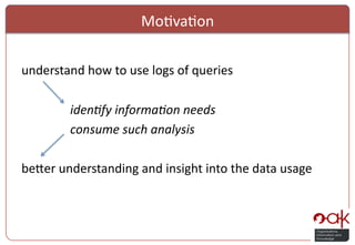Mo%va%on	
  
	
  
understand	
  how	
  to	
  use	
  logs	
  of	
  queries	
  	
  
	
  	
  	
  
                 	
   	
   	
  iden%fy	
  informa%on	
  needs	
  	
  
                 	
   	
   	
  consume	
  such	
  analysis	
  	
  	
  
	
  	
  	
  	
  	
  	
  	
  	
  	
  	
  	
  	
  	
  	
  	
  	
  	
  	
  	
  	
  	
  	
  	
  	
  	
  	
  	
  	
  	
  	
  	
  
be:er	
  understanding	
  and	
  insight	
  into	
  the	
  data	
  usage	
  
	
  
                    !
 