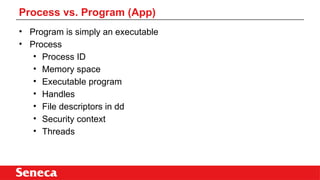 • Program is simply an executable
• Process
• Process ID
• Memory space
• Executable program
• Handles
• File descriptors in dd
• Security context
• Threads
Process vs. Program (App)
 