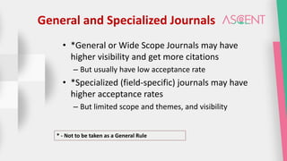 General and Specialized Journals
• *General or Wide Scope Journals may have
higher visibility and get more citations
– But usually have low acceptance rate
• *Specialized (field-specific) journals may have
higher acceptance rates
– But limited scope and themes, and visibility
* - Not to be taken as a General Rule
 