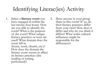 Identifying Literac(ies) Activity
1. Select a literacy event you
have engaged in within the
last twenty-four hours. How
are you able to identify the
event? What is the purpose
of the event? What unique
literacy practices or texts are
used? What domain does the
event fall in
(home, work, church, etc.)?
How does the domain the
literacy event occurs in affect
its literacy practices (the
reading or writing
performed)?
2. Does anyone in your group
share in this event? If so, do
their literacy practices differ
from your own? How does it
differ and why do you think it
differs? What wider cultural
influences might be
responsible for the
differences?
 