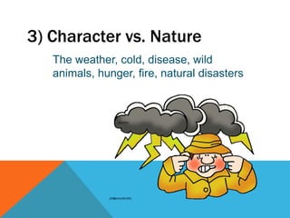 3) Character vs. Nature
The weather, cold, disease, wild
animals, hunger, fire, natural disasters
 