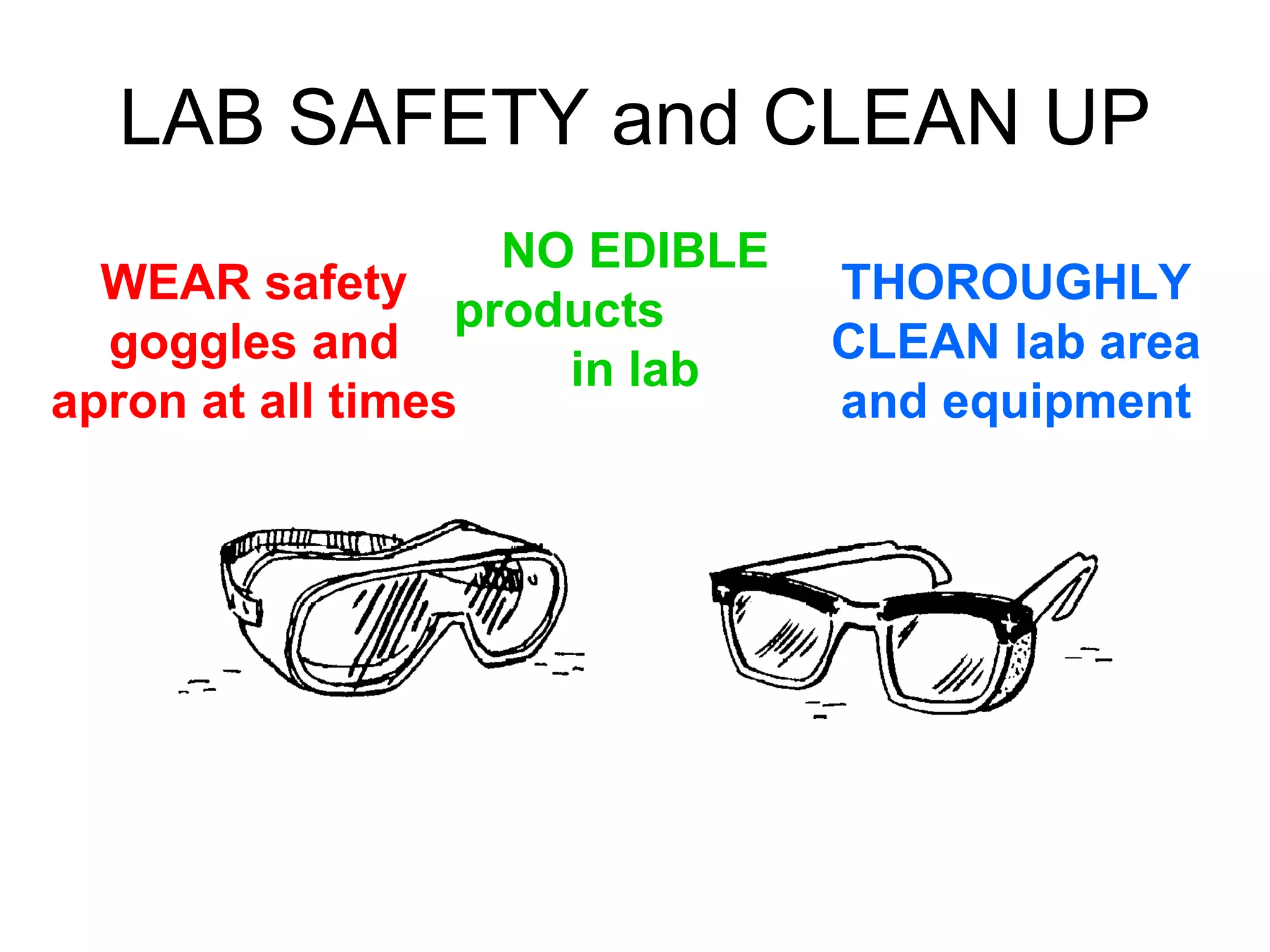 LAB SAFETY and CLEAN UP WEAR safety goggles and apron at all times THOROUGHLY CLEAN lab area and equipment NO EDIBLE products  in lab 