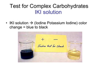 Test for Complex Carbohydrates IKI solution   IKI solution    (Iodine Potassium Iodine) color change = blue to black 