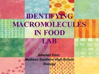 IDENTIFYING MACROMOLECULES IN FOOD LAB Adapted from:  Madison Southern High School Biology 