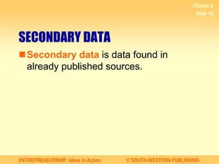 ENTREPRENEURSHIP: Ideas in Action © SOUTH-WESTERN PUBLISHING
Chapter 6
Slide 14
SECONDARY DATA
Secondary data is data found in
already published sources.
 