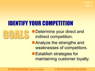 ENTREPRENEURSHIP: Ideas in Action © SOUTH-WESTERN PUBLISHING
Chapter 6
Slide 17
IDENTIFY YOUR COMPETITION
Determine your direct and
indirect competition.
Analyze the strengths and
weaknesses of competitors.
Establish strategies for
maintaining customer loyalty.
GOALS
 