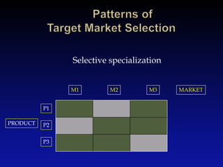 	Patterns of Target Market Selection<br />Selective specialization<br />M1<br />M2<br />M3<br />MARKET<br />P1<br />PRODUC...