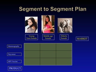 	Segment to Segment Plan<br />Middle age <br />Female <br />Elderly<br />Female <br />Young<br />Teen Female<br />MARKET<b...