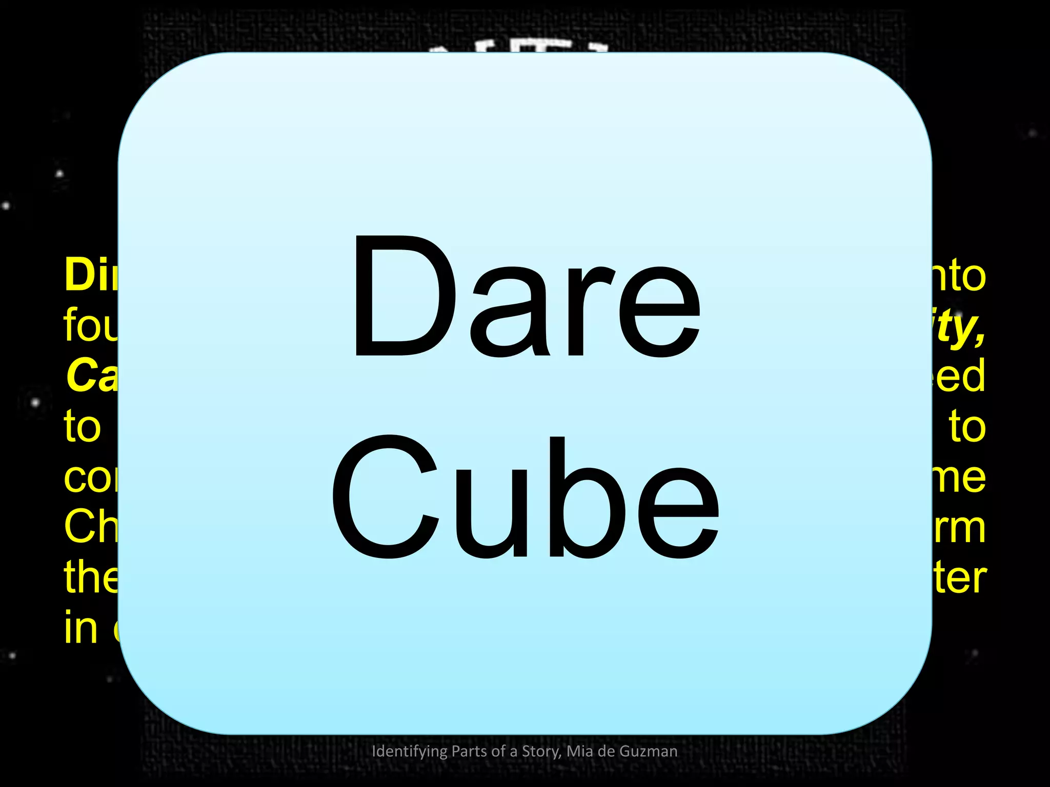 Dare Cube
Directions: The class will be divided into
four factions (groups): Abnegation, Amity,
Candor, and Erudite. Each group will need
to release their inner Dauntless to be able to
complete all the tasks and become
Champions. Teams will prepare and perform
the task assigned to them by the cube later
in class:
Identifying Parts of a Story, Mia de Guzman
Dare
Cube
 