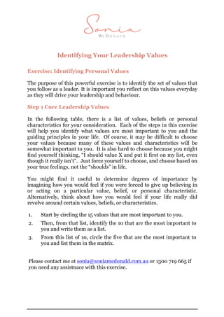Sonia McDonald © 2019 Page | 1
Identifying Your Leadership Values
Exercise: Identifying Personal Values
The purpose of this powerful exercise is to identify the set of values that
you follow as a leader. It is important you reflect on this values everyday
as they will drive your leadership and behaviour.
Step 1 Core Leadership Values
In the following table, there is a list of values, beliefs or personal
characteristics for your consideration. Each of the steps in this exercise
will help you identify what values are most important to you and the
guiding principles in your life. Of course, it may be difficult to choose
your values because many of these values and characteristics will be
somewhat important to you. It is also hard to choose because you might
find yourself thinking, “I should value X and put it first on my list, even
though it really isn’t”. Just force yourself to choose, and choose based on
your true feelings, not the “shoulds” in life.
You might find it useful to determine degrees of importance by
imagining how you would feel if you were forced to give up believing in
or acting on a particular value, belief, or personal characteristic.
Alternatively, think about how you would feel if your life really did
revolve around certain values, beliefs, or characteristics.
1. Start by circling the 15 values that are most important to you.
2. Then, from that list, identify the 10 that are the most important to
you and write them as a list.
3. From this list of 10, circle the five that are the most important to
you and list them in the matrix.
Please contact me at sonia@soniamcdonald.com.au or 1300 719 665 if
you need any assistnace with this exercise.
 
