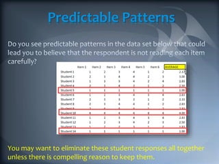 Predictable Patterns
You may want to eliminate these student responses all together
unless there is compelling reason to keep them.1
 