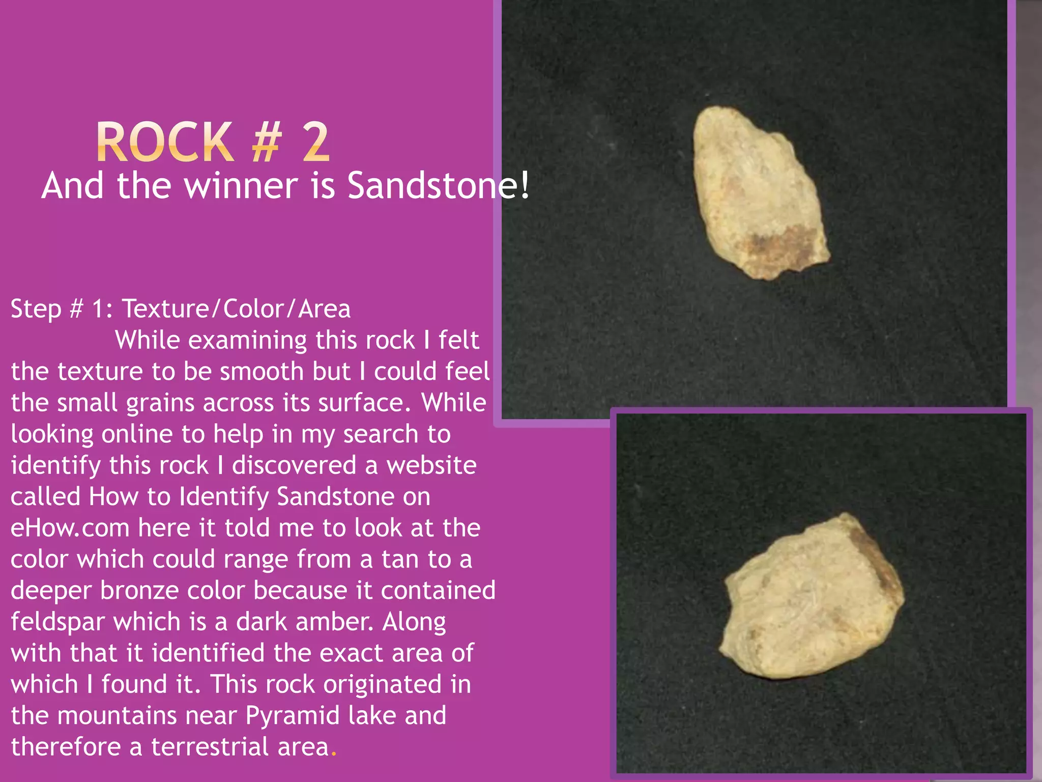Rock # 2And the winner is Sandstone!Step # 1: Texture/Color/Area	While examining this rock I felt the texture to be smooth but I could feel the small grains across its surface. While looking online to help in my search to identify this rock I discovered a website called How to Identify Sandstone on eHow.com here it told me to look at the color which could range from a tan to a deeper bronze color because it contained feldspar which is a dark amber. Along with that it identified the exact area of which I found it. This rock originated in the mountains near Pyramid lake and therefore a terrestrial area.  